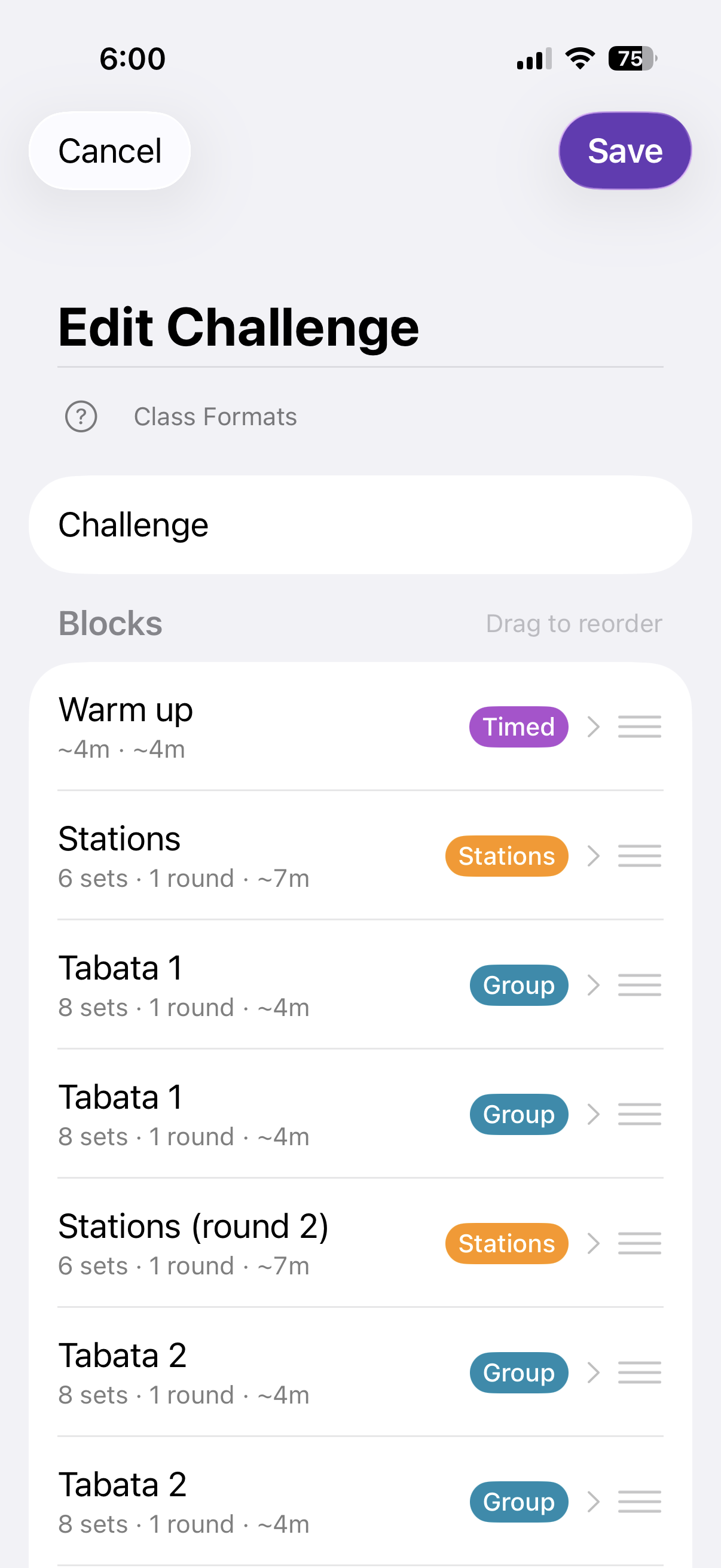 Class format editor with timed, group and stations blocks