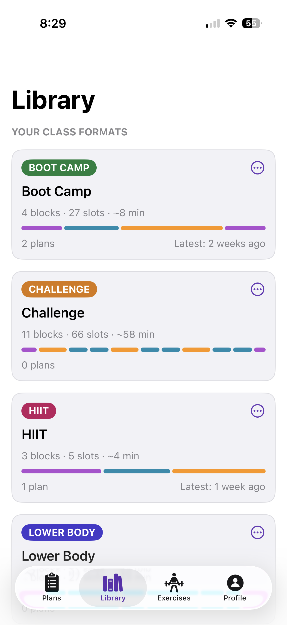 Class formats library tab showing Boot Camp, Challenge, and Fourth And One formats