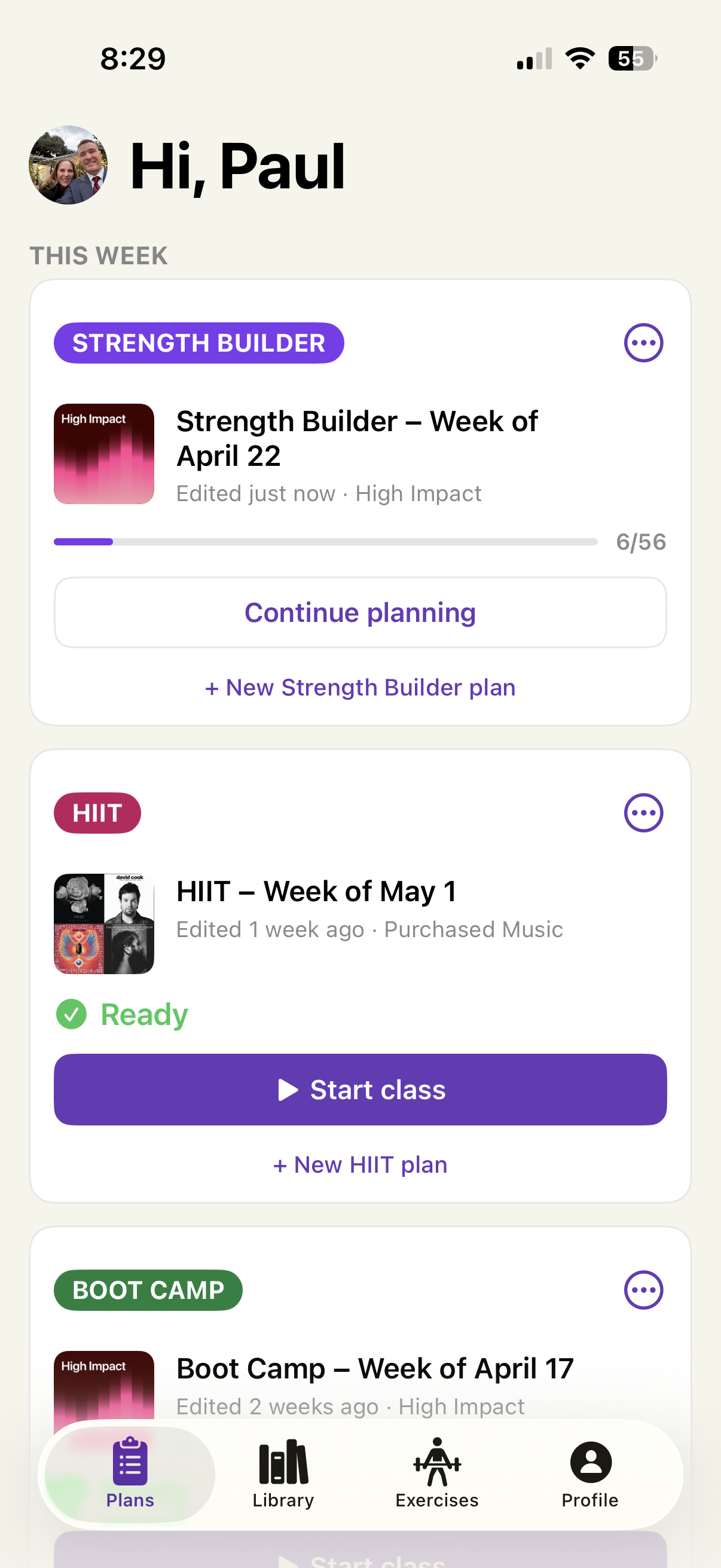 Weekly plans home screen with Start class action
