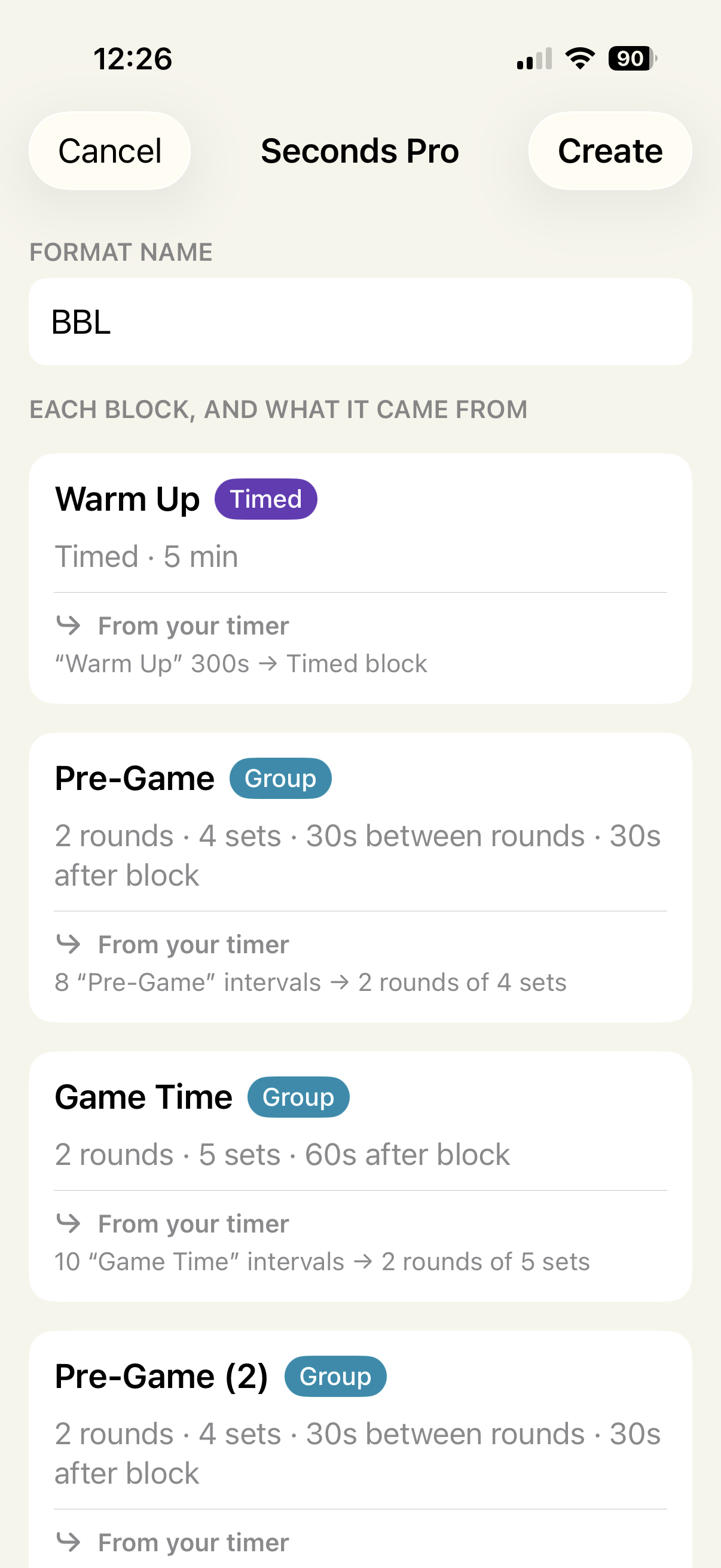 Seconds Pro import preview mapping each timer block to rounds and sets