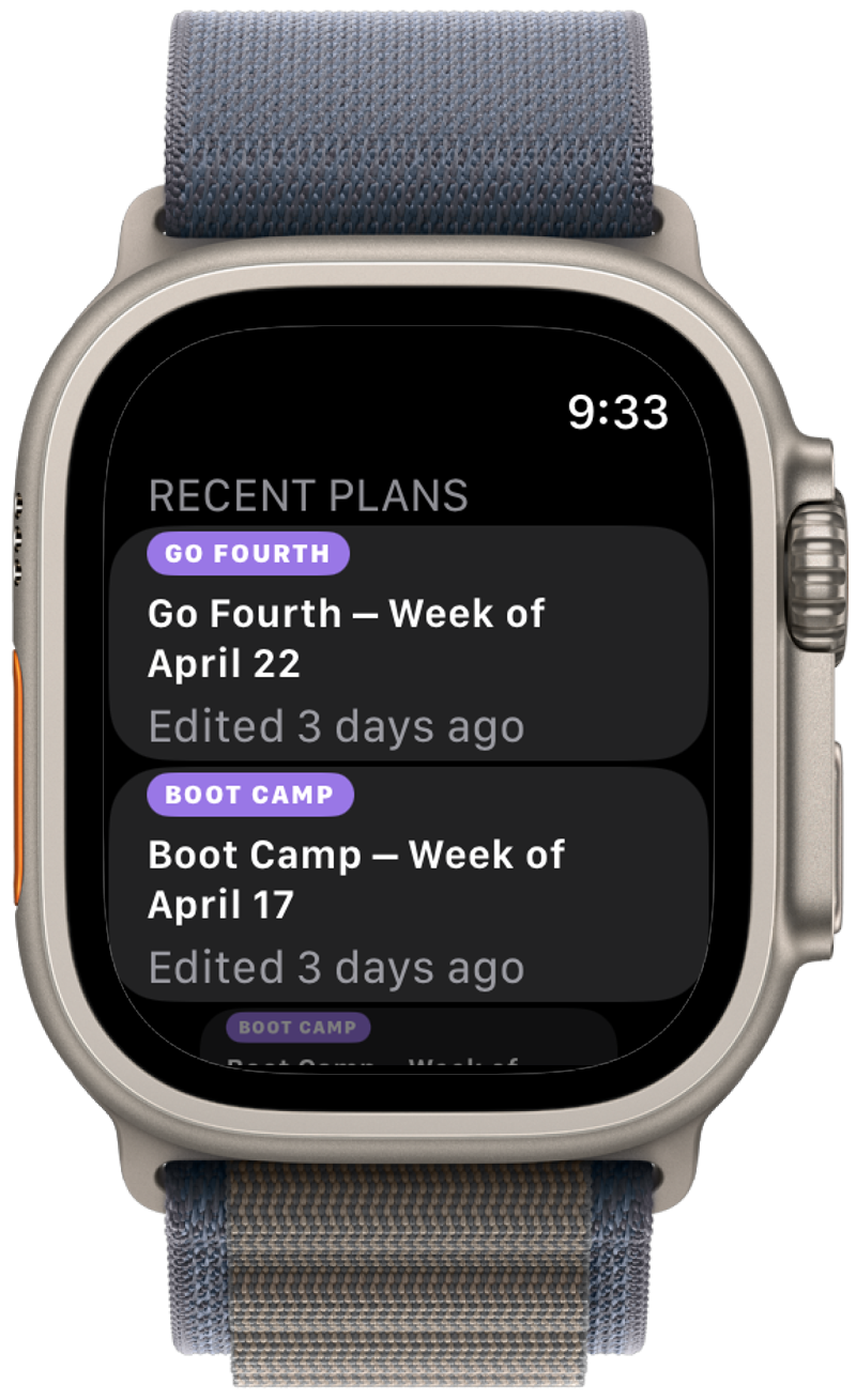 Apple Watch showing recent plans on the wrist